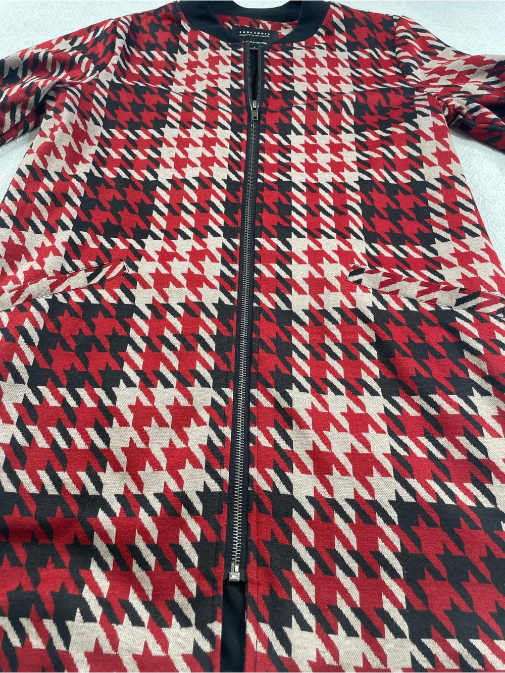 Sanctuary -Red Houndstooth Zip-Front Sweater Jacket ~ Size Small- Office - Picture 6 of 11